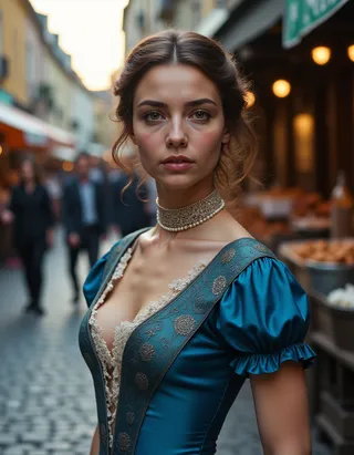 Realistic portrait of a young woman with tan skin and hazel eyes wearing a blue silk gown with intricate embroidery and a pearl choker, standing in a street market during twilight.