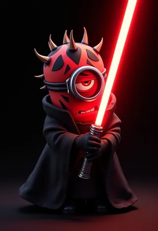 Red-skinned minion with Darth Maul-like head spikes, wearing a dark Sith lord robe, holding a glowing red lightsaber against a pitch-black background.