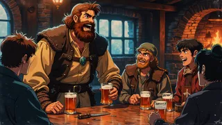 A burly medieval tavern keeper with a thick beard and hearty laugh serves ale to travelers seated around a wooden table near a fireplace.