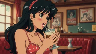 A vintage anime style woman with black hair adorned with a red floral headband sipping a milkshake in a cozy pub setting with red seats and framed pictures on the wall.