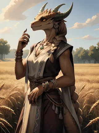 A brown female dragonborn with dragon horns and braided hair standing in a sunlit wheat field, wearing a necklace, earrings, bracelets, and a detailed outfit, looking at the viewer with her hand raised.