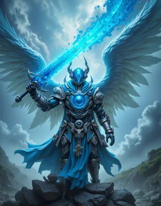 A powerful armored angel with large white wings holding a glowing blue god sword, standing on rocky terrain with heaven and clouds in the background.