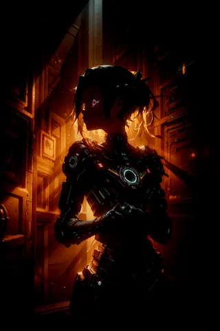 A cyberpunk robotic girl standing in a dark, dimly lit room illuminated by orange rim light and glowing circuitry details.