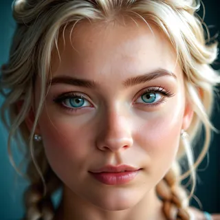 Close-up photorealistic portrait of a young woman resembling Elsa with blue eyes, blonde braided hair, fair skin, and realistic lighting.
