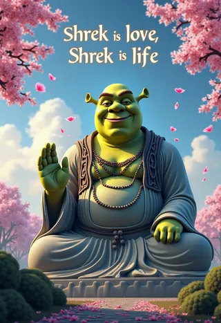 A gigantic stone Buddha statue with Shrek's face, in a meditative pose with mala beads, surrounded by cherry blossoms and glowing Kanji characters, under a blue sky with 'Shrek is love, Shrek is life' written in clouds.