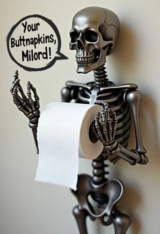 A detailed tungsten-colored skeleton-shaped toilet paper holder with raised hands holding a roll of toilet paper and a speech bubble saying 'Your Buttnapkins, Milord!'