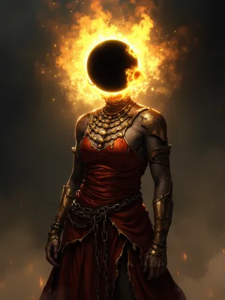 A fantasy mythical creature with a glowing black hole orb for a head surrounded by a fiery aura, wearing an ornate but torn red dress with golden edges and damaged chainmail armor in a dark eerie atmosphere.