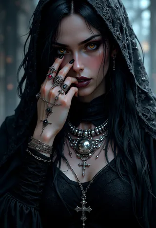 A realistic portrait of a gothic sorceress with intense yellow eyes, dressed in a black velvet embroidered dress, adorned with silver rings and necklaces featuring crosses and dark gemstones.