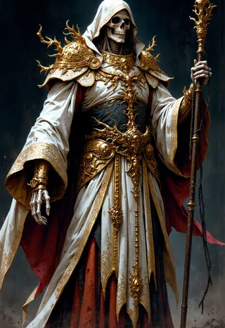 A full-length portrait of an undead male lich necromancer dressed in an ornate white baroque dress with gold accents and rugged wear. He holds a magic scepter and wears golden metal pauldrons, with a chained grimoire on his belt. His skeletal face and hands are prominent against a dark background.