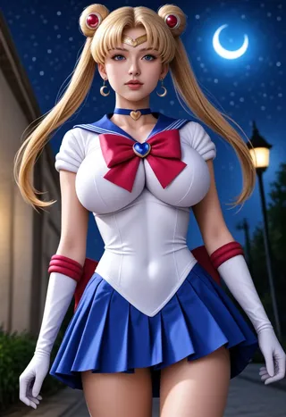 Realistic depiction of Sailor Moon with blonde hair in twintails, blue skirt, and heart brooch standing under a night sky with a crescent moon.