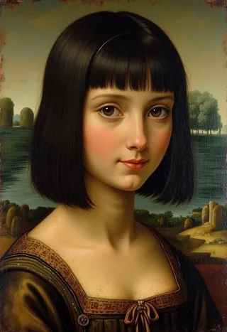 Oil painting in Leonardo da Vinci style depicting a brunette woman with short black hair and a subtle closed mouth smile, dressed in vintage Renaissance clothing with a serene landscape background.
