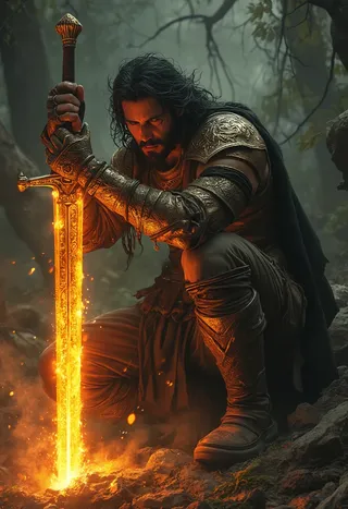 Fierce male warrior crouching in a misty twilight forest, gripping a glowing sword with intricate golden designs, surrounded by embers and smoky air.