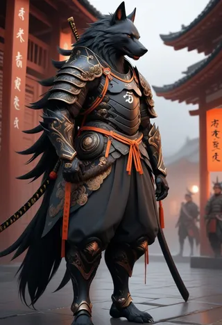 Black wolf samurai wearing black and copper detailed armor, standing in a traditional Japanese temple setting with cinematic lighting.