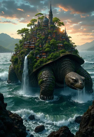 A giant ancient tortoise with a lush forest city on its shell, featuring waterfalls flowing down into the ocean beneath a sunset sky.