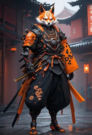 A digital painting of a kitsune samurai wearing detailed black and orange Japanese armor, standing in a misty traditional Japanese street with glowing lanterns, holding a katana.