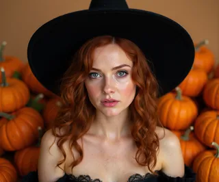 Young woman in witch costume with black pointed hat, red curly hair, and blue eyes against a backdrop of orange pumpkins in a warm autumnal setting.