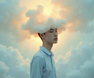 Young adult with contemplative expression and a cloud forming over the upper half of their face, standing against a pastel sky with soft glowing light and surrounding clouds.