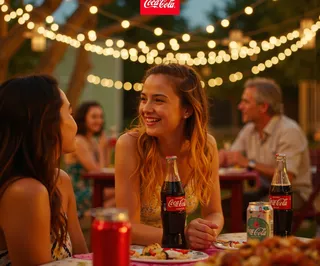 Two women enjoying a lively outdoor summer party with Coca-Cola bottles on the table, string lights glowing warmly in the background.