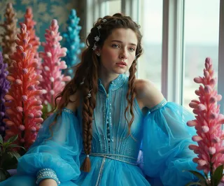 Young woman in a flowing blue high-fashion dress with braided hair and metallic accessories posed by a large window with colorful ethereal floral installations in the background.