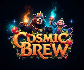 A majestic Bear Guardian wearing a golden crown holding a steaming magical mug and a Mystic Alchemist in shimmering blue robes holding a glowing potion vial, positioned behind an ornate 3D logo reading 'Cosmic Brew' surrounded by strawberries, leaves, and magical light effects.