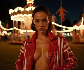 A confident female model wearing a red and white striped leather jacket, open to reveal her bare chest, stands sharply in focus against a blurred nighttime circus scene with glowing carousel lights.