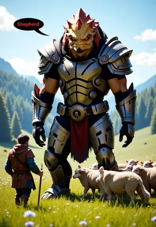 Photorealistic Krogan with glowing red eyes in rugged armor standing next to a human shepherd and flock of sheep in a green pasture under a blue sky.
