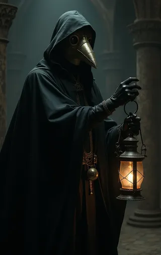 Medieval plague doctor wearing a beaked mask and black robe, holding a lit lantern in a dark, gothic dungeon with dramatic lighting and eerie atmosphere.