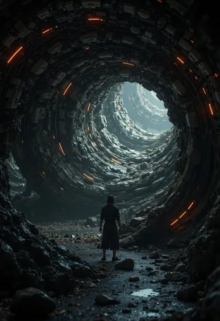 Photorealistic 3D render of a person standing inside a massive, circular futuristic tunnel with detailed rocky walls illuminated by orange lights and illuminated with cinematic volumetric lighting.