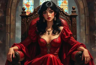 A sexy queen with black hair wearing a red dress sits confidently on an ornate throne inside a castle, with colorful stained glass windows in the background.
