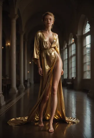 A barefoot girl with shiny skin stands in a spacious interior wearing a flowing golden dress with a deep neckline and high slit, illuminated by soft natural light through tall arched windows.