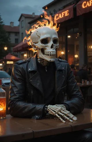 Realistic depiction of a skeleton with a flaming skull wearing a black leather jacket sitting at a wooden table at an outdoor cafe during the evening.
