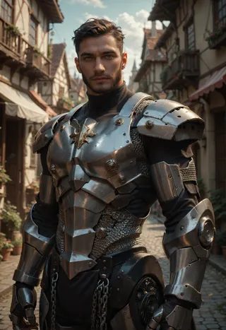 Muscular man with facial hair wearing detailed metal armor and chainmail, standing in a medieval village street under a partly cloudy sky.