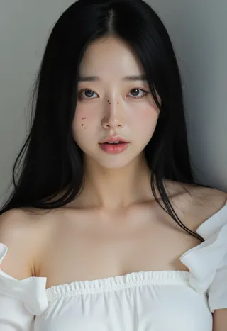 Realistic portrait of a Korean woman with long black hair, freckles on her face, wearing an off-shoulder white dress revealing bare shoulders and collarbone.