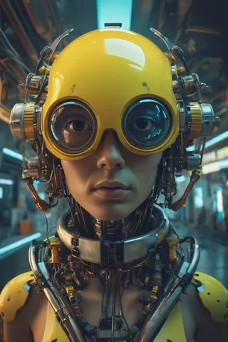 Close-up digital portrait of a cyborg with a shiny yellow helmet and robotic mechanical components, lit with cool tones in an industrial setting.