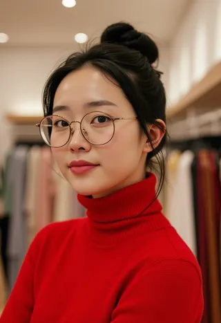 Portrait of a 20-year-old Korean girl with raven black hair in an updo hairstyle, wearing round glasses and a red turtleneck sweater, standing in a clothes shop.