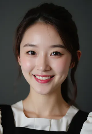Close-up portrait of a natural 20-year-old Korean girl with shiny skin, brown hair, smiling brightly in professional lighting wearing pilot dress and formal attire