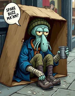 Squidward dressed as a beggar wearing a dirty blue jacket, olive green beanie, and arm bandages, sitting under a large tipped-over cardboard box on a city sidewalk, holding out a metal cup and asking for money.