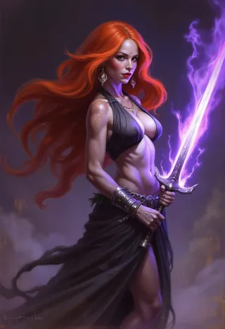 Digital painting of a warrior woman with extremely long, flowing red hair holding a purple glowing greatsword, with freckles on her porcelain skin and glowing eyes, wearing a tattered dark robe.