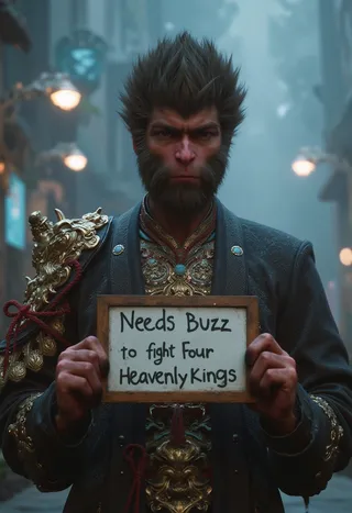 Wukong character in cyberpunk attire holding a wooden sign reading 'Needs buzz to fight Four Heavenly Kings' in a misty urban alley.
