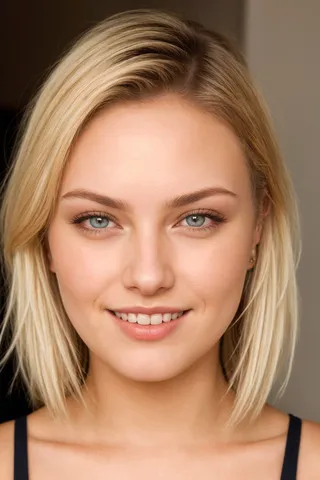 Close-up of a young Scandinavian glamour model with blonde short hair, detailed blue eyes, lashes, and a warm smile looking at the viewer.