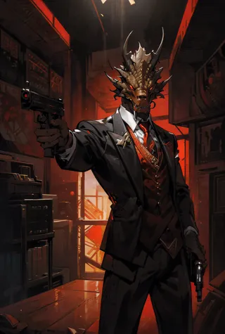 Gold dragonborn with red glowing eyes and sharp teeth wearing a black two-piece suit, white shirt, and red tie, pointing a gun indoors with a glowing background.