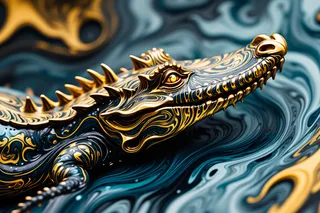 3D metallic alligator with intricate gold and black swirling ink patterns lying on a matching swirling ink background
