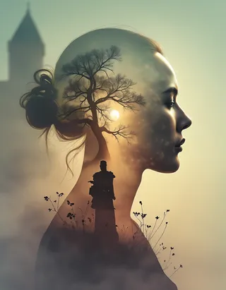 Double exposure image showing the profile of a woman with an intricate silhouette of a leafless tree, a glowing sun, and a statue within her profile, set in a hazy, cinematic, and beautifully lit scene.