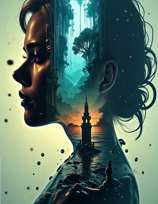 Double exposure artwork featuring the profile silhouette of a woman combined with a detailed fantasy landscape. Inside the silhouette, a calm water body has a lighthouse in the center with towering trees and mystical architecture in the background against a sunset sky.