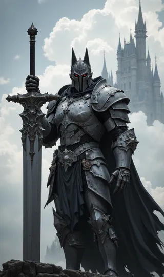 A gray knight wearing detailed wolf-themed armor with glowing red eyes, holding a large gray sword upright, standing in front of a giant gothic castle under a cloudy sky, with a dark flowing cape.