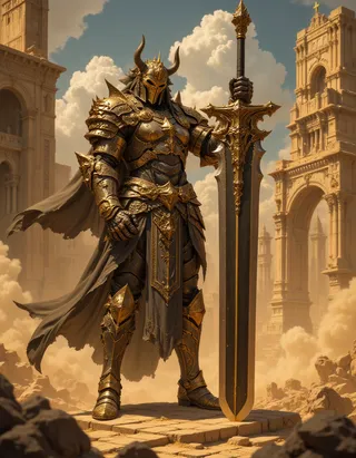 Epic Egypt king wearing ornate gold armor and horned helmet, holding a massive golden-edged sword amid ancient desert pharaoh buildings and sandy ruins.