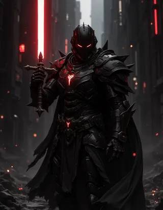 A black-armored cyborg knight wielding a red glowing laser sword stands in a dark futuristic city illuminated by red lights, wearing spiked cybernetic armor.