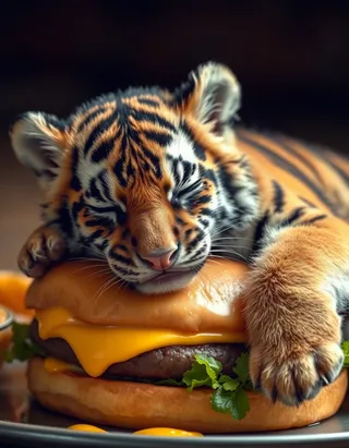 A sleeping tiger cub resting its head and paw on a cheeseburger with melted cheese and lettuce.
