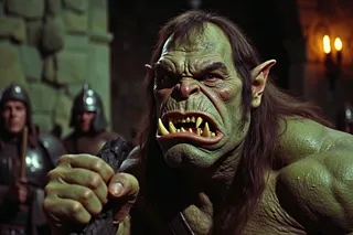 Close-up of a menacing orc with fierce expression and sharp yellow teeth, rough textured greenish skin, long hair, holding a dark weapon, with blurred armored soldiers in the background inside a dim stone-walled environment lit by warm light.