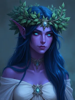 Portrait of an elf woman with dark purple skin, glowing cyan eyes, long blue hair, wearing a white dress adorned with silver ornaments and a leaf wreath headpiece.